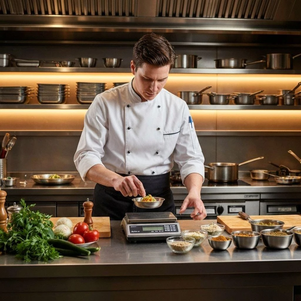 Chef weighing and finishing a dish at a restaurant station